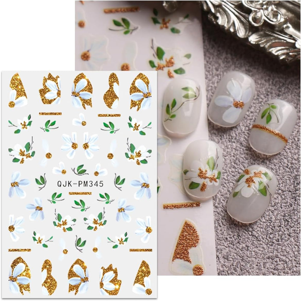 JMEOWIO Nagelsticker Blumen Glitzer 9 Blatt Nail Art Sticker Selbstklebend Nagelaufkleber Frühling Sommer Blumen Dekoration Nageldesign Zubehör