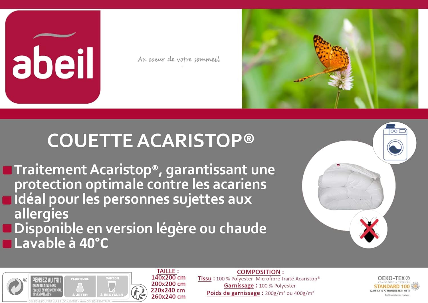 Abeil Acaristop povlak na přikrývku s antiroztočovým a antibakteriálním účinkem, polyester, bílý, 220 X 240 cm Přikrývky a přikrývky Naty Shop