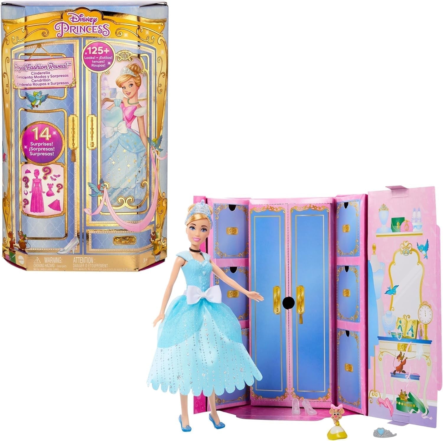 Mattel DISNEY Princess Cinderella - Păpușă mobilă cu costum strălucitor, pantofi și diademă detașabile, păr pieptănabil pentru distracție la coafor, pentru copii de la 3 ani în sus, HLW06 Papusi Naty Shop Accesorii