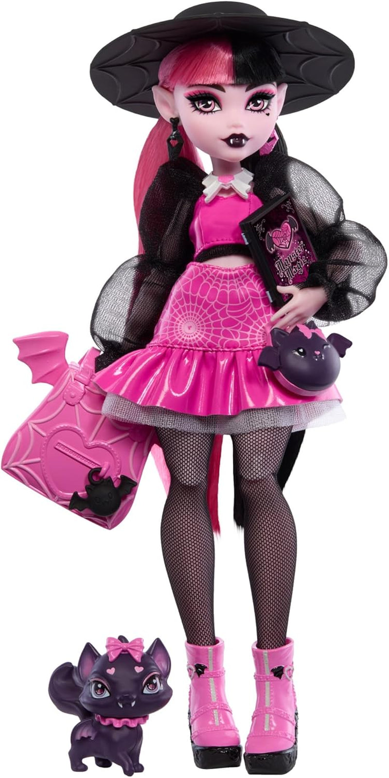 Păpușă Monster High Draculaura cu animalul ei de companie, pisica liliac Count Fabulous, și accesorii precum rucsac, carte de vrăji, cutie Bento și multe altele, HRP64 Papusi Naty Shop Contele Fabulos