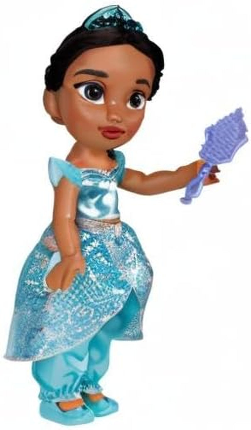 Disney Princezna Jasmin Puppe 35 cm, reflexní lesk, bewegliche Gelenke, ausziehbares Outfit, Schuhe, Krone, langes geflochtenes Haar, für Mädchen ab 3 Jahren