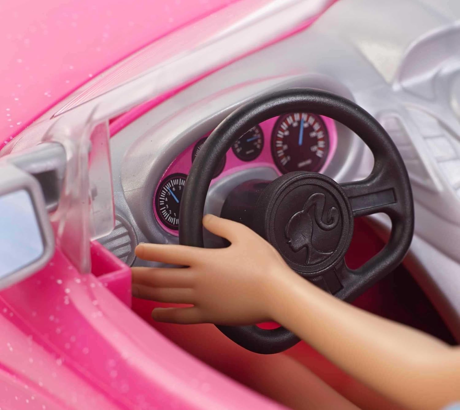 Barbie Puppe und Cabrio in rosa mit Glitzer, realistische Reifen Logo, Spielzeug ab 3 Jahren, DJR55