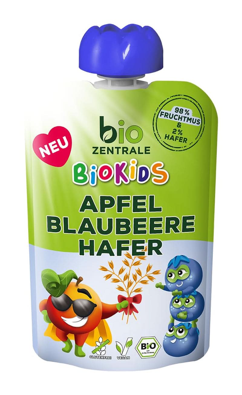 Biozentrale Biokids Ovocné pyré jablka borůvky oves | 12X90G | Veganská ovocná ovesná svačina | Bez přidaného krystalového cukru Mother and Child Naty Shop