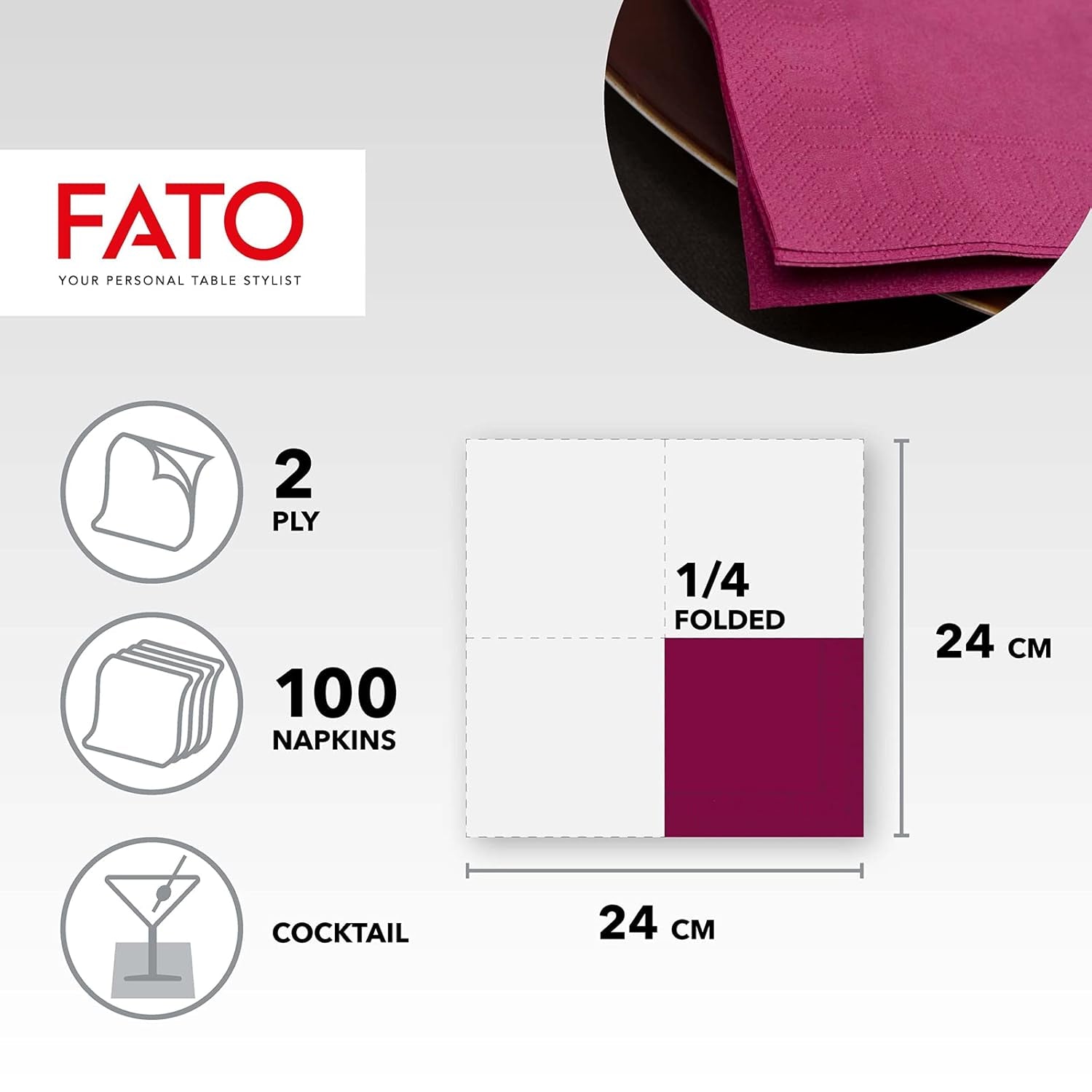- Șervețele de hârtie de unică folosință, Ideale pentru aperitive și cocktailuri, Pachet de 100 șervețele, Dimensiune 24X24, 4 straturi, 2 straturi, Culoare Bordeaux, 100% hârtie din celuloză pură, certificat Fsc