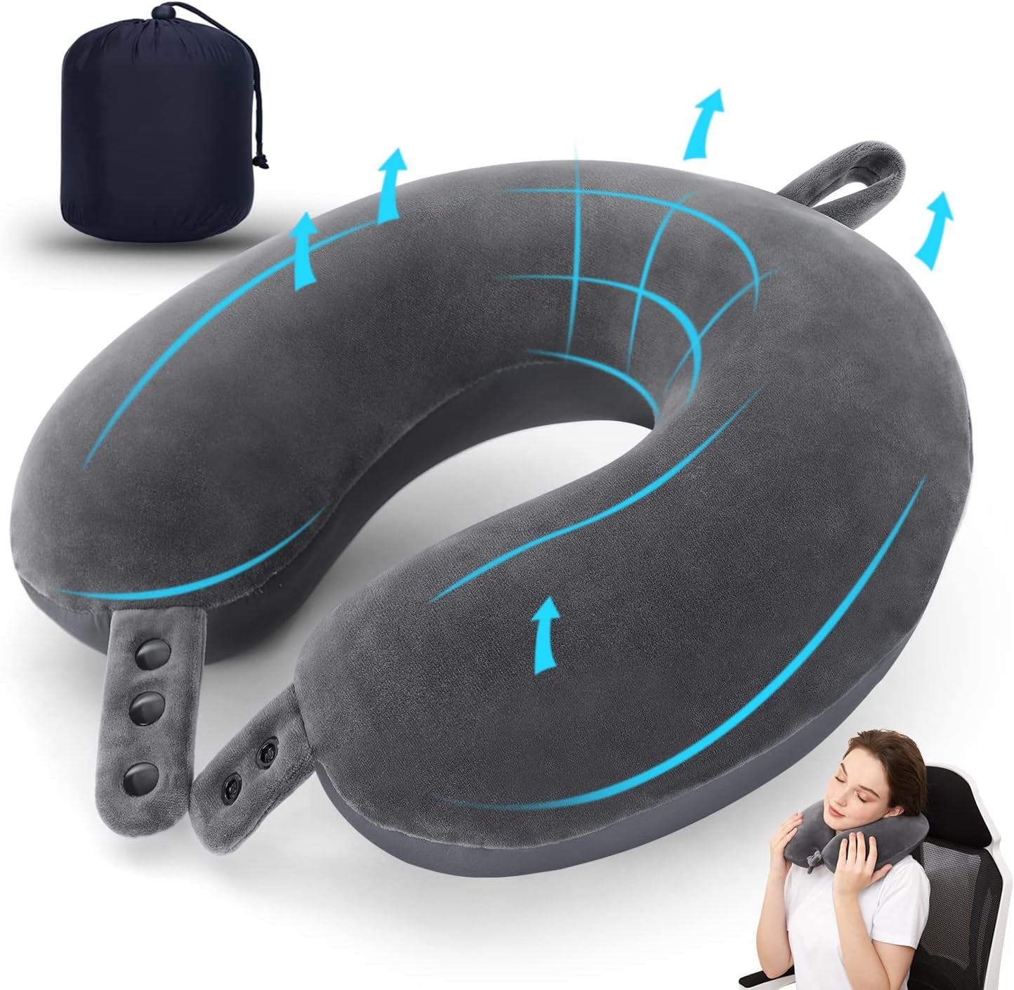 TALLGO Travel Neck Pillow, cea mai bună pernă de avion din spumă de memorie pentru tetieră, pernă moale reglabilă pentru avion, mașină și casă, roz Perne ortopedice cervicale Naty Shop Gri Standard