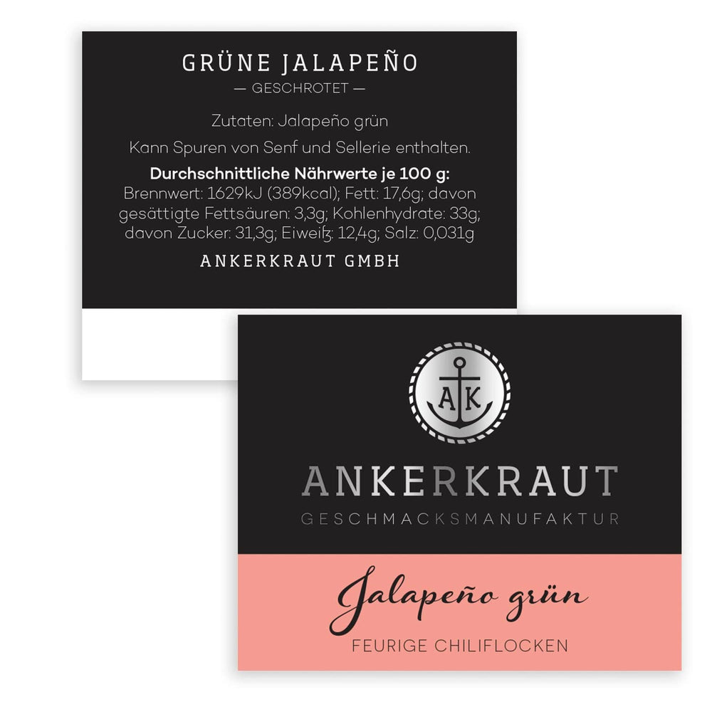 Ankerkraut Grüne Jalapeno, scharfe Chili, Chilis geschrotet, Finisher Scharf Würzen, Scharfes Essen Kochen, Highlight Chili con Carne, Fleisch, Kartoffeln, 45g im Korkenglas