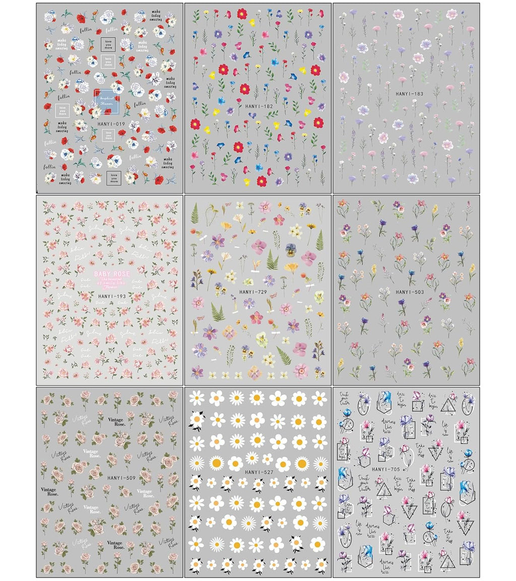 JMEOWIO Nagelsticker Frühlings Blume 9 Blatt Nail Art Sticker Selbstklebend Nagelaufkleber Bunte Sommer Blumen Dekoration Nageldesign Zubehör