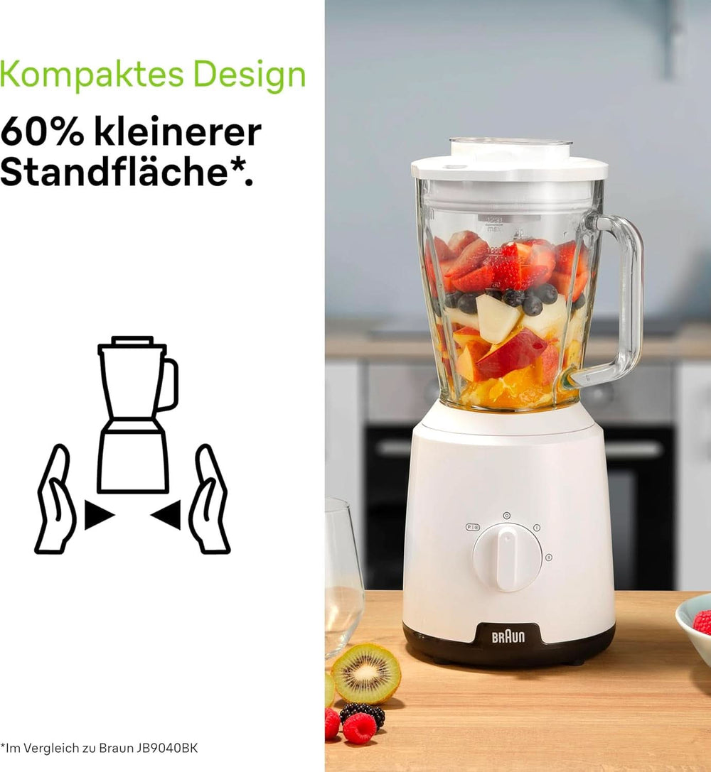 Braun Powerblend 1 JB1050WH - Stojanový mixér s 1,5 l Glas-Mixaufsatz, Küchenhelfer Zum Zerkleinern, Pürieren & Mixen, Ice-Crush-Funktion, 2 Geschwindigkeiten, 600 Watt, Weiß Kitchen Naty Shop