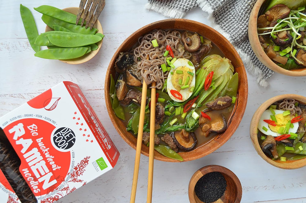 DIETNÍ POTRAVINY Bio pohankové nudle Ramen, vegetariánské a veganské jídlo, bez tuku, bez sóji, bez lepku, dietní nudle rozpustné ve vodě, nízkokalorické, 280 g