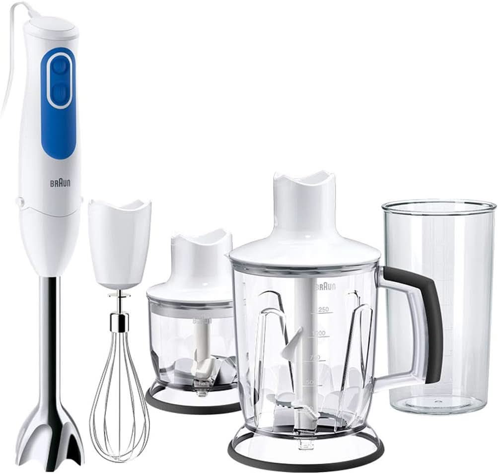 Braun Multiquick 3 MQ 3000 Smoothie+ Stabmixer – Pürierstab Mit 2 Geschwindigkeiten, Powerbell plus Und Splashcontrol-Technologie, 700 Watt, Inkl. 600 ml Mix- & Messbecher, Blau/Weiß Kitchen Naty Shop Mq3045 Aperitiv