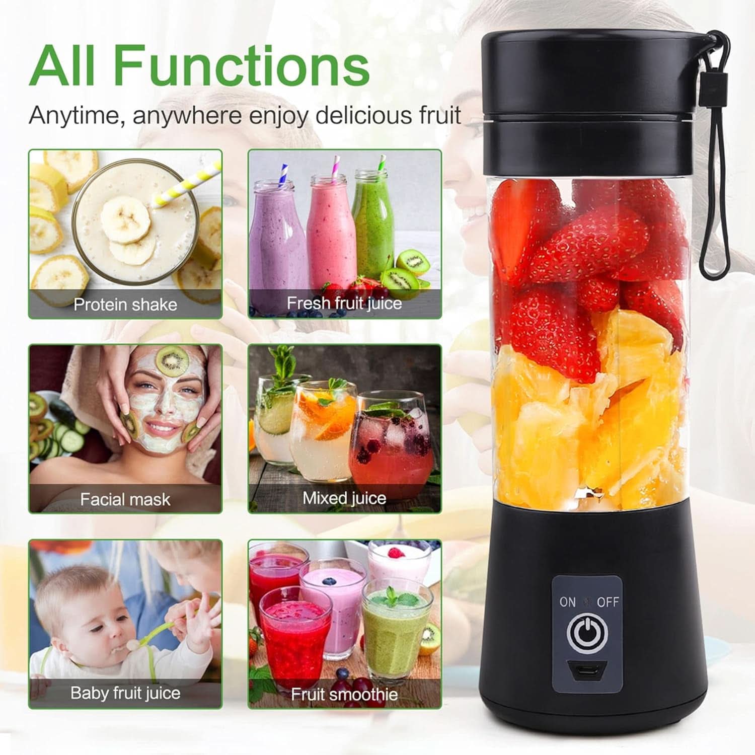Mixér Smoothie Maker Tragbarer Entsafter: 380 ml Standmixer Persönlicher Shaker Proteinshake Mit 6 Edelstahlmesser Tragbar-Bpa-Freie Mit Usb-Mixbecher Für Shakes,Saftoutdoor,Schwarz Bucatarie Naty Shop