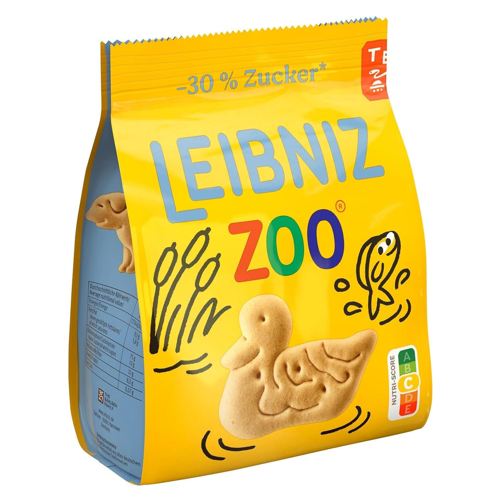 LEIBNIZ ZOO -30% Zahăr, Pachet de 12, Fursecuri cu unt cu motive animale, Fursecuri crocante cu mai puțin zahăr, Pachet vrac pentru stoc sau pentru vânzare (12 x 125 g)