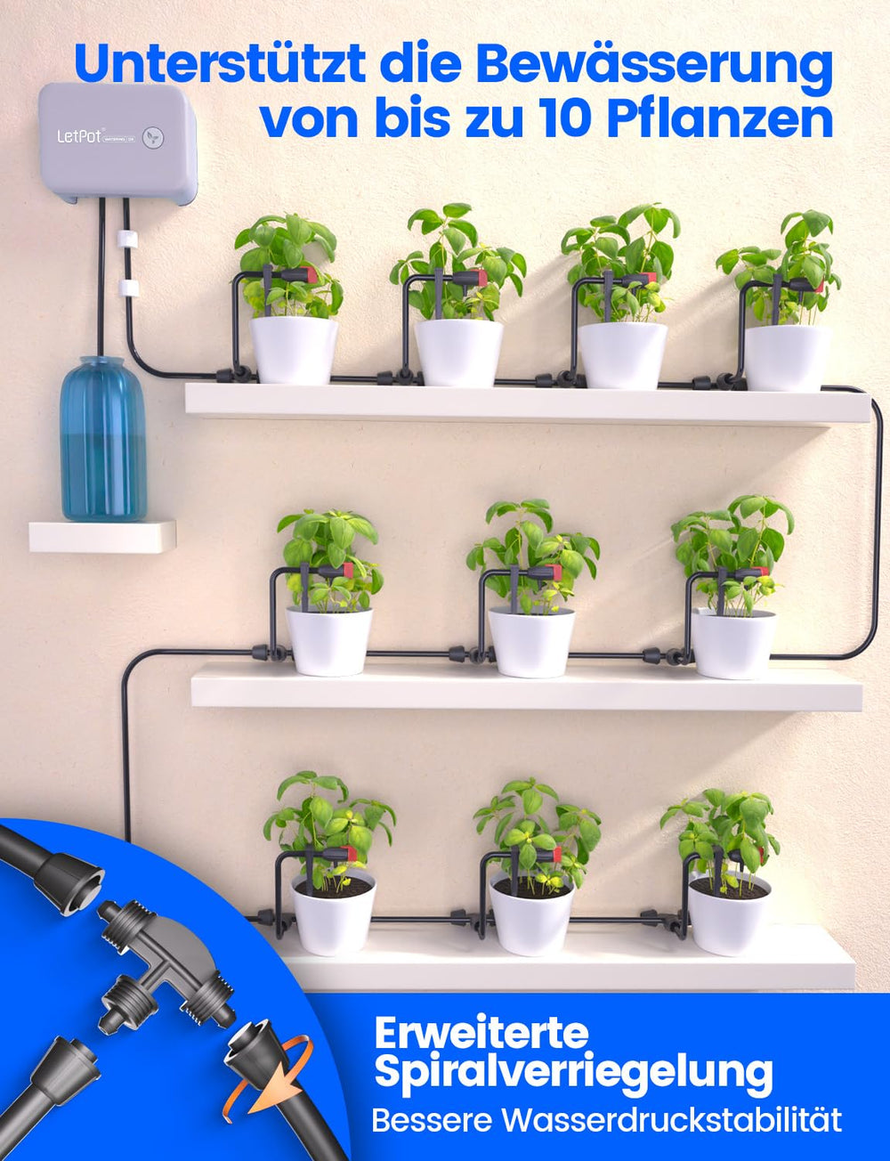 WiFi automatický systém zavlažování vnitřních prostor – inteligentní kapkový zavlažovací systém s ovládáním aplikací, zavlažovací počítač pro 10 pokojových rostlin, sváteční zavlažování a zavlažování rostlin (šedá)
