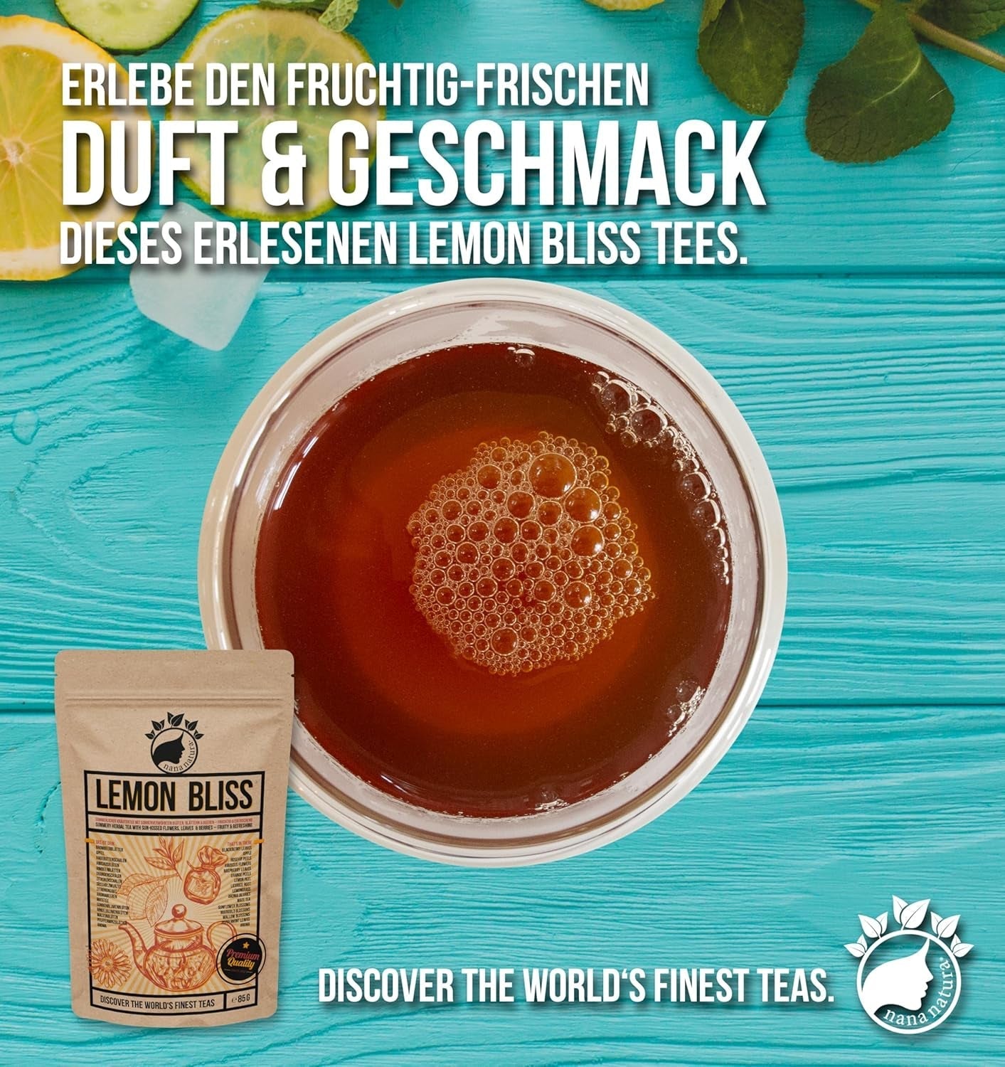 Nananatura'S Original LEMON BLISS TEA 85G | Ceai de plante de vară fructat și răcoritor | Ca ceai rece, ceai rece sau clasic fierbinte | Cu flori, frunze și fructe de pădure coapte la soare | Fără zahăr