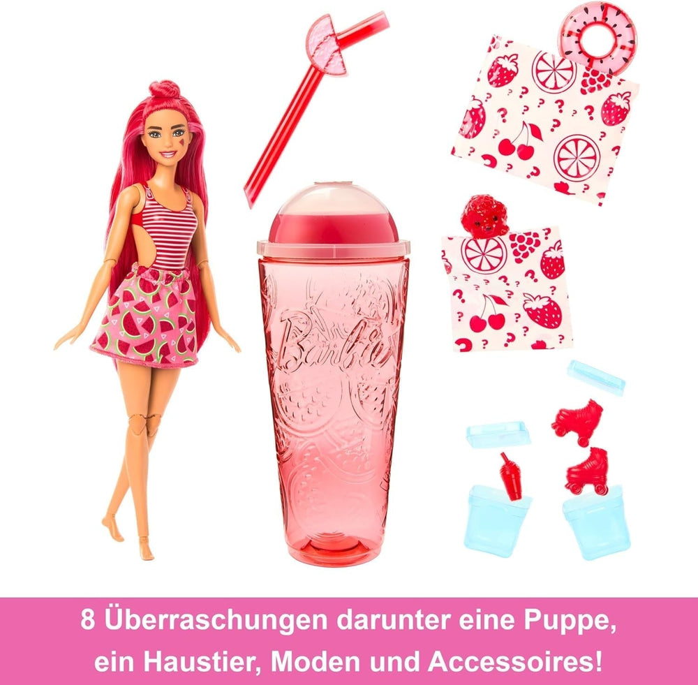 Barbie Pop Reveal Fruit - păpușă cu păr roșcat în aromă de pepene roșu, 8 surprize, fată squishy parfumată, păr și machiaj care își schimbă culoarea, pentru copii de la 3 ani, HNW43 Papusi Naty Shop