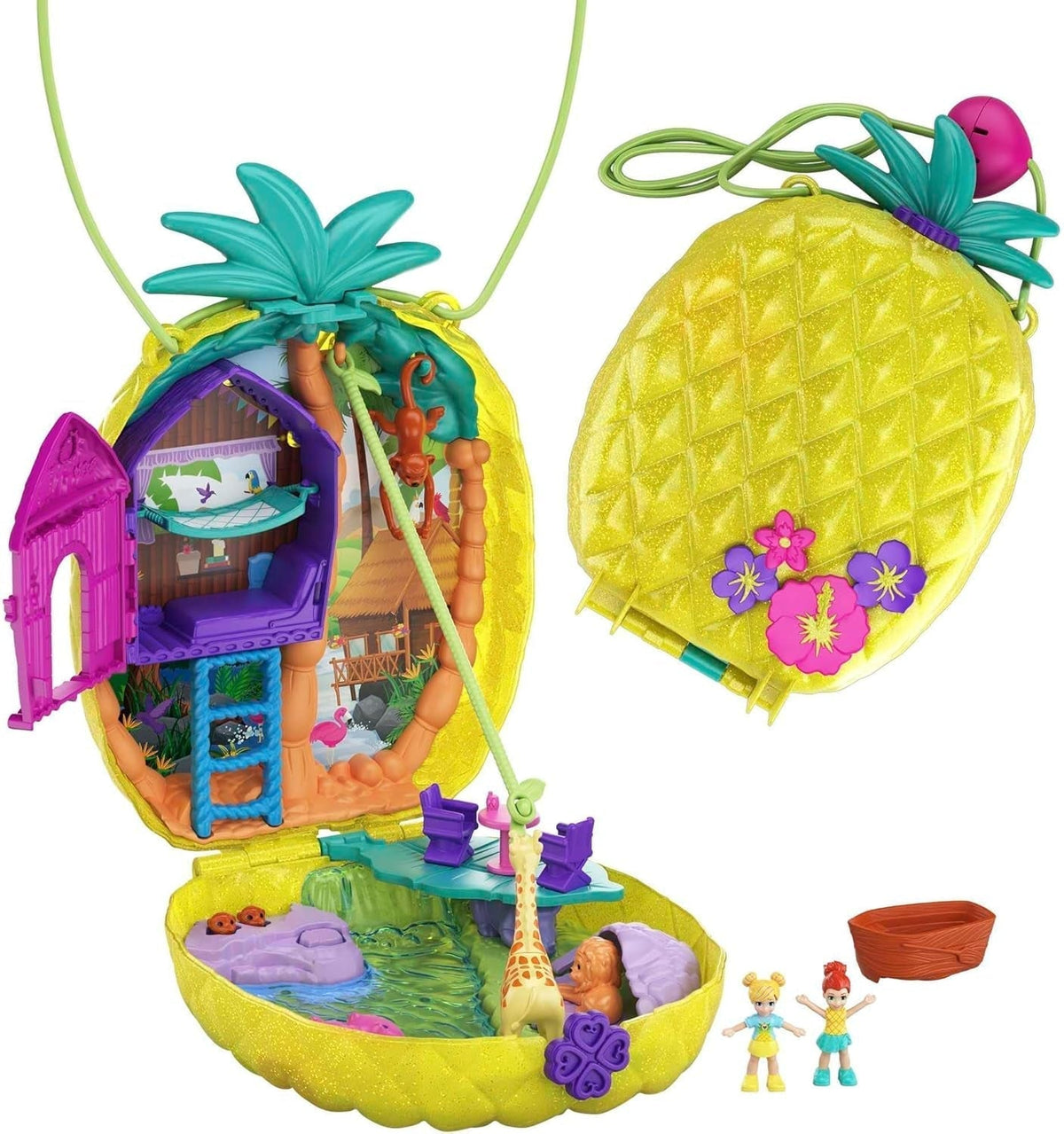 Polly Pocket GKJ64 - Přenosný ananasový kapesní box s 8 zábavnými funkcemi, panenkami Polly a Purple, 2 doplňky a archem samolepek; hračka pro děti od 4 let Naty Shop Dolls Pineapple bag