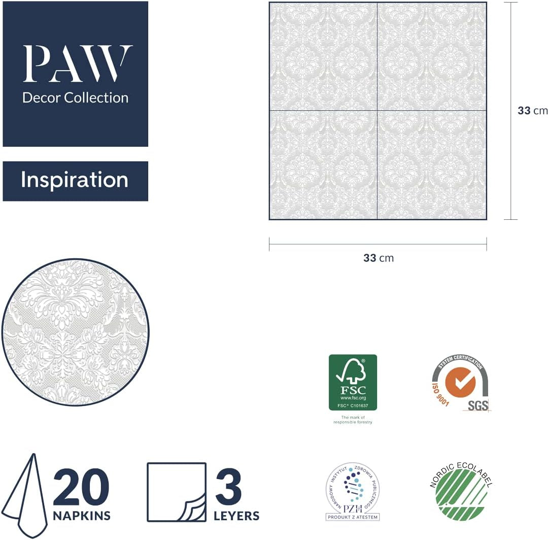 PAW - Șervețele 3 straturi (33 X 33 Cm) I 20 bucăți I Perfect pentru zile de naștere, petreceri, nunți, comuniuni și sărbători I Șervețele de hârtie colorate - ocazii speciale, ornamente I Inspiration Classic