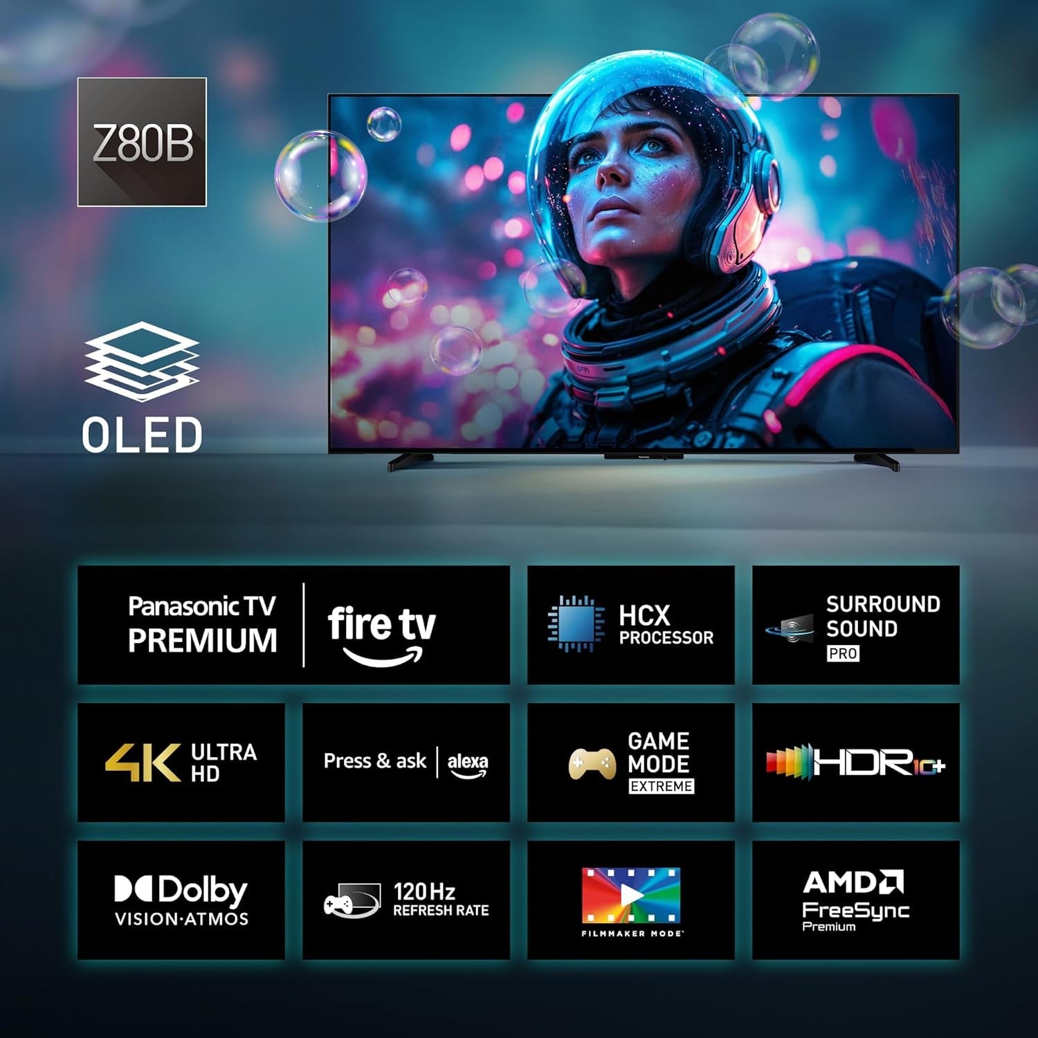 Televizor Panasonic Premium TV-48Z80BEZ, seria Z80B, 48 de inci, televizor inteligent OLED 4K Ultra HD, 2025, Fire TV, Dolby Vision și Atmos, mod de joc Extreme, asistență Alexa și Apple, Bluetooth, negru