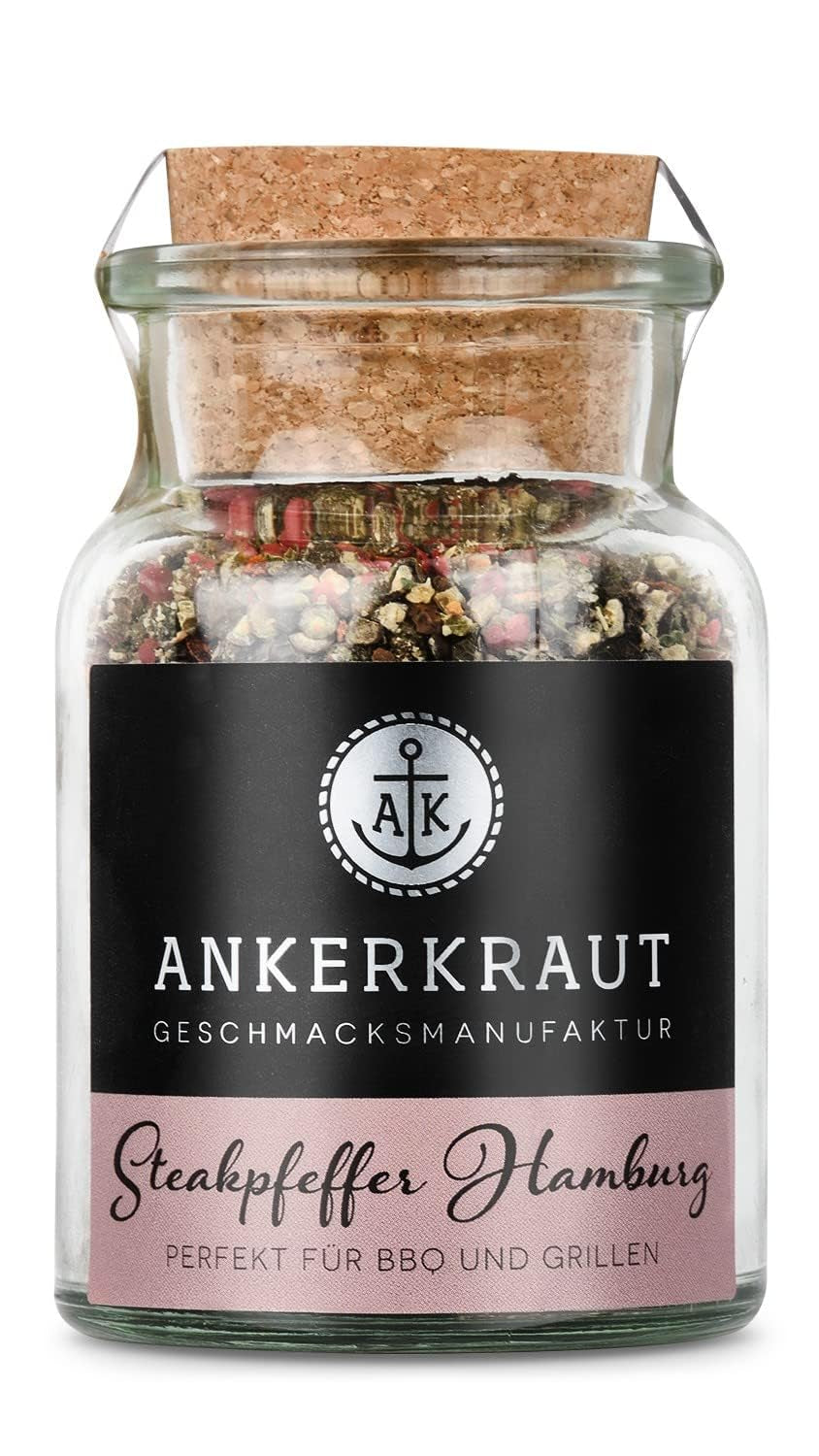 Ankerkraut Steakpfeffer Hamburg, Pfefferkörner Hausmischung, Grober Steakhouse-Pfeffer, frische Note, Universal Allrounder, Lecker Kochen mit Qualität, 80 g v Korkenglas