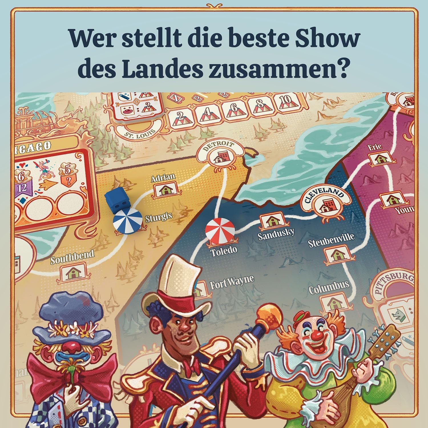 KOSMOS 684648 3-kroužková cirkusová desková hra pro dospělé 12+ Strategická hra Společenská hra pro 1-4 hráče USA Travel Circus Konec 19. století