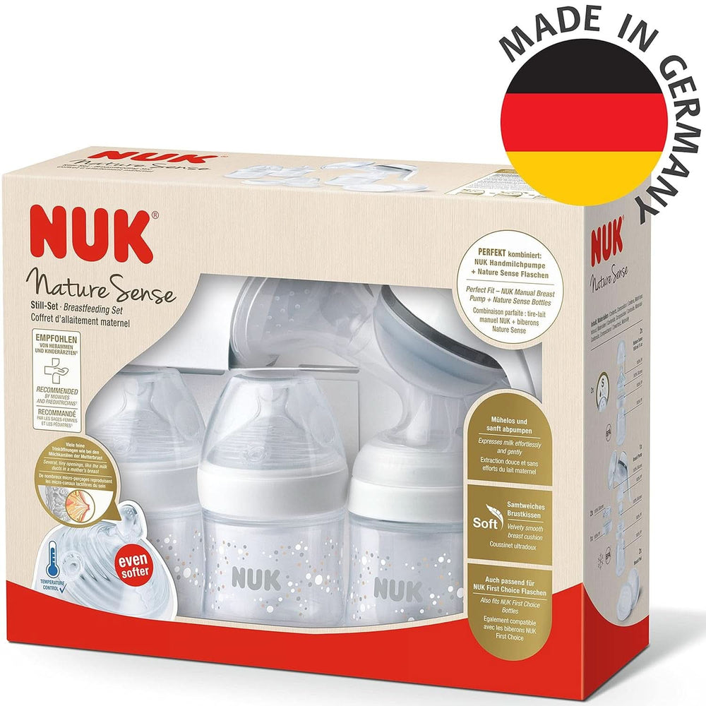 NUK Nature Sense Manuální odsávačka mateřského mléka | Kojící set s manuální odsávačkou mateřského mléka, lahvičkami a podložkami Ultra Dry Comfort | 6 kusů dětská výživa a doplňky pro kojení Naty Shop