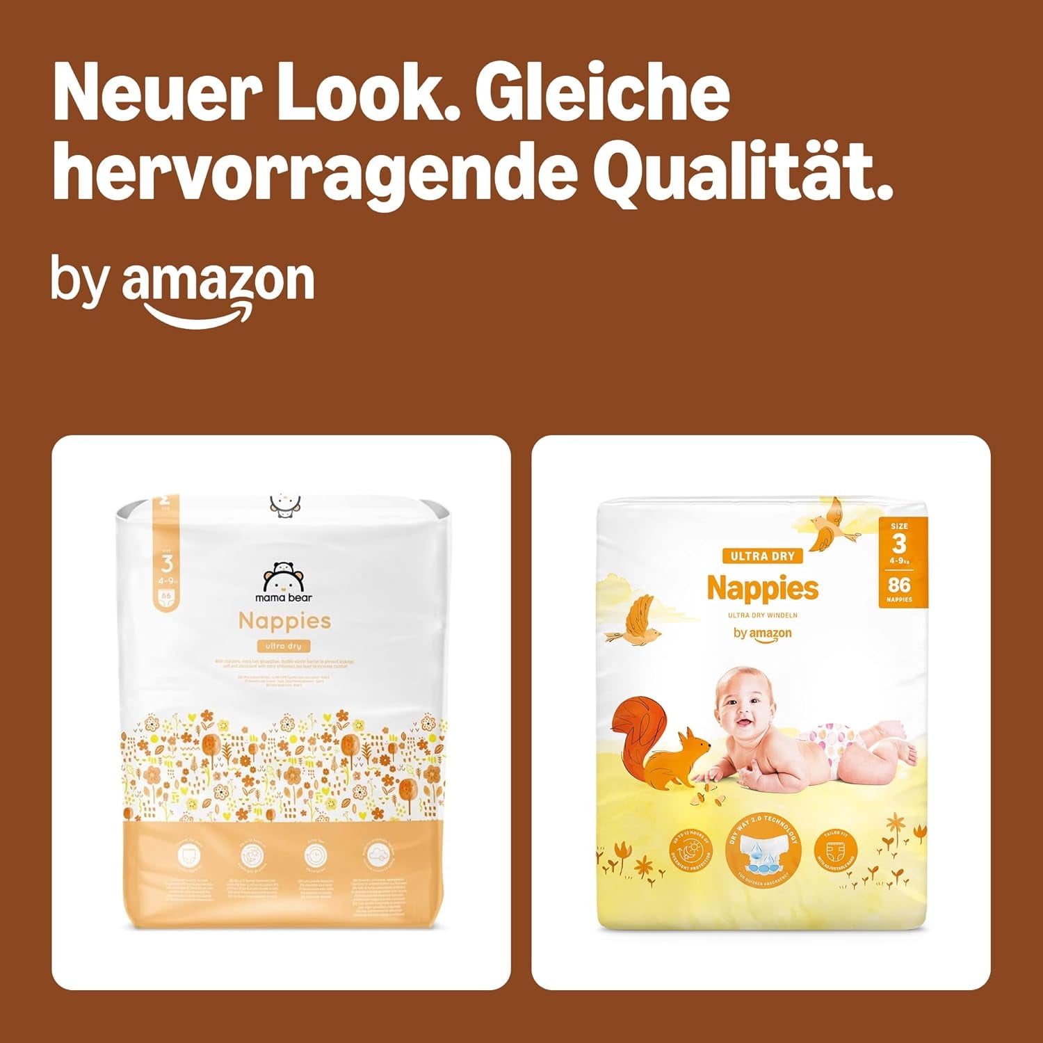 Ultra suché plenky Amazon, velikost 3 (4-9 kg) – měsíční krabička, bílá, počet 172 (2 balení po 86) (dříve Mama Bear, identický produkt)