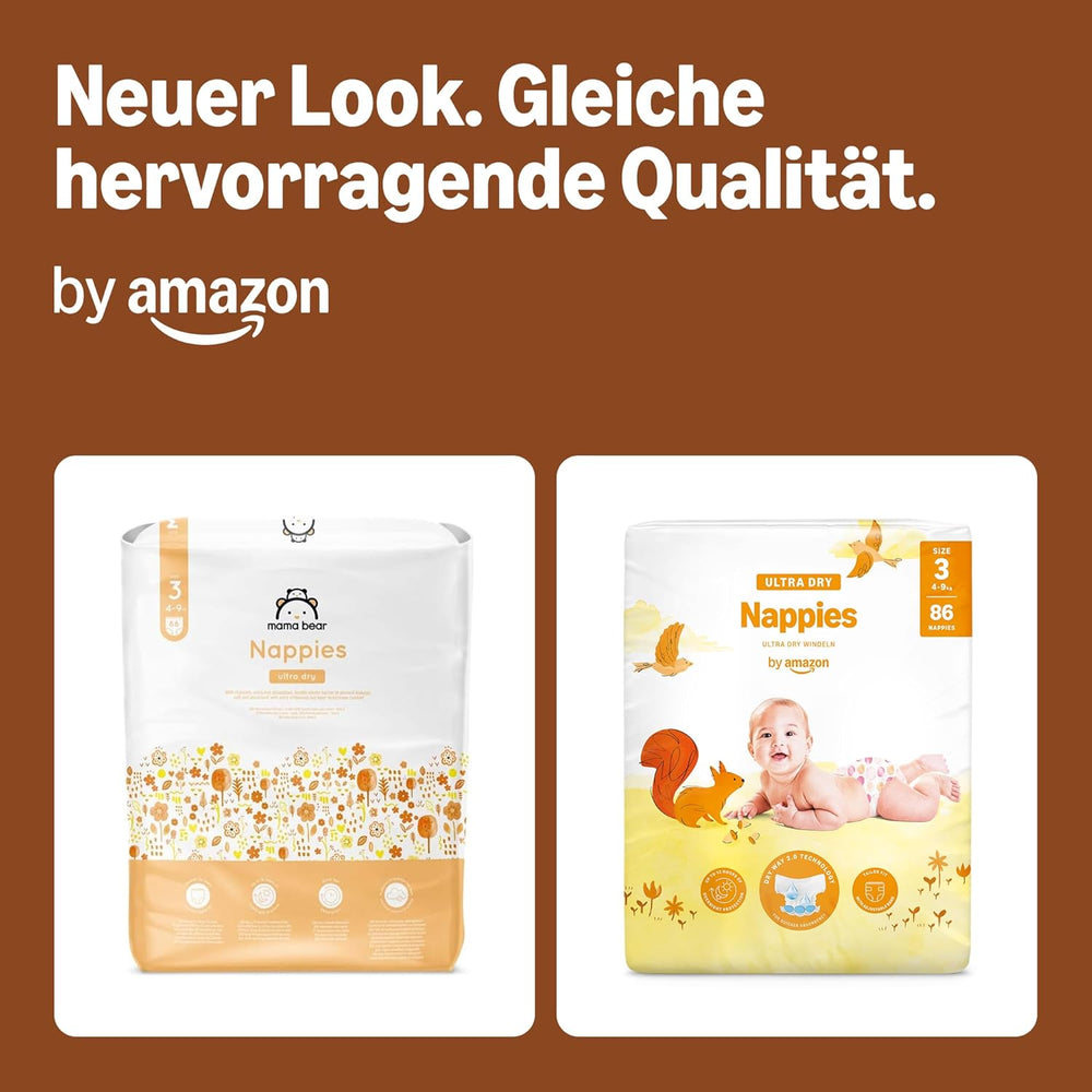 Ultra suché plenky Amazon, velikost 3 (4-9 kg) – měsíční krabička, bílá, počet 172 (2 balení po 86) (dříve Mama Bear, identický produkt)