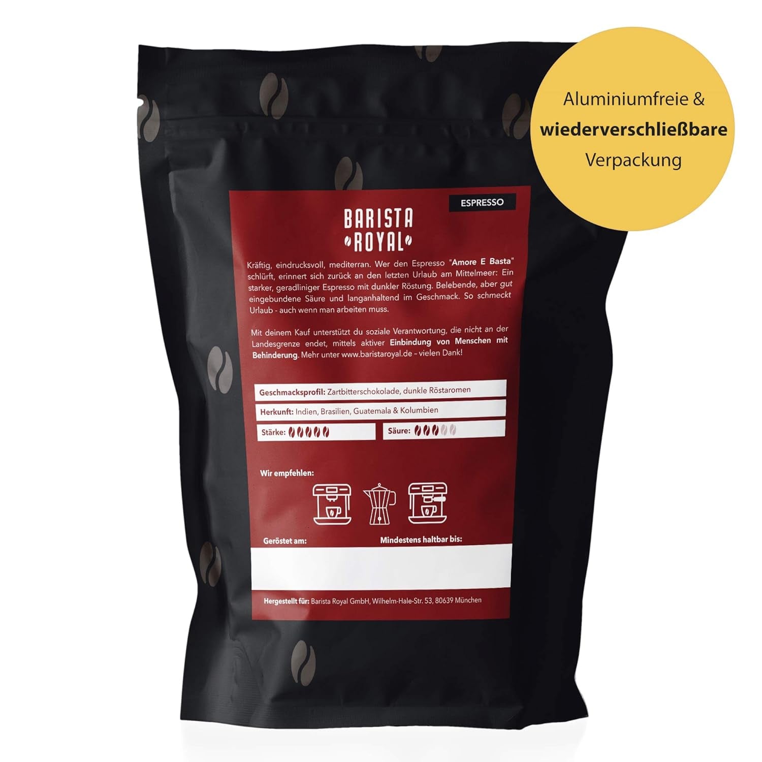 BARISTA ROYAL Espressobohnen 1kg "Amore E Basta Espresso" | Frische Kaffeebohnen direkt gehandelt | 70% Arabica, 30% Robusta Espresso ganze Bohnen | Ideal für Vollautomat und Siebträger