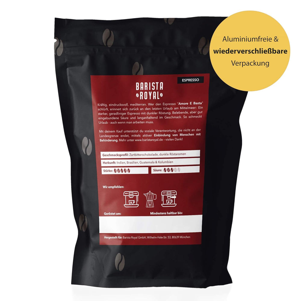BARISTA ROYAL Espressobohnen 1kg "Amore E Basta Espresso" | Frische Kaffeebohnen direkt gehandelt | 70% Arabica, 30% Robusta Espresso ganze Bohnen | Ideal für Vollautomat und Siebträger