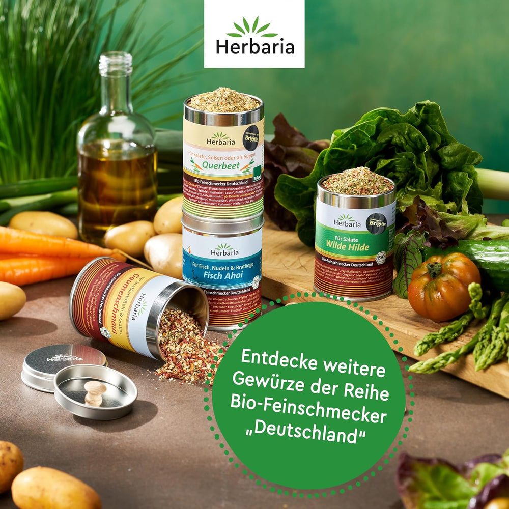 Herbaria Wilde Hilde bio 100g M-Dose-fertige Bio-Gewürzmischung - Saladgewürz für ausgefeilte Salade - mit erlesenen Ingredience - in nachhaltiger Aromaschutz-Dose