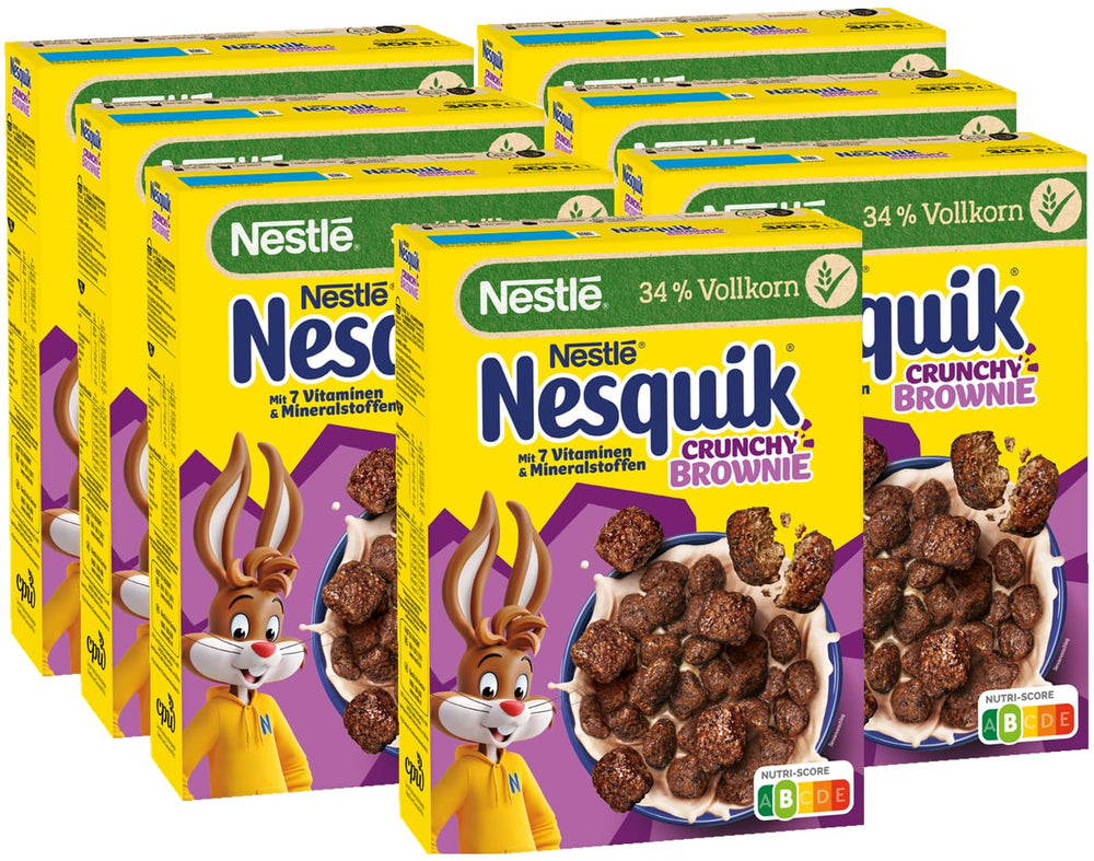 Nestlé NESQUIK Crunchy Brownie, křupavá snídaňová cereálie s čokoládovými lupínky a inovativním tvarem pro extra křupavé, balení 7 ks (7 x 300 g)