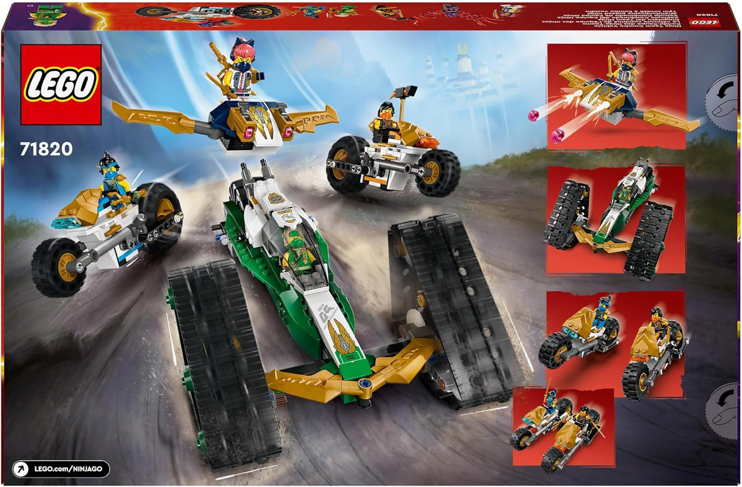Sada LEGO NINJAGO Ninja Team Combi Caterpillar 4 v 1 s kluzákem, závodním autem a 2 motocykly a 6 minifigurkami Dárek pro chlapce a dívky Hračka Ninja 71820 Stavebnice Besuche den LEGO-Store