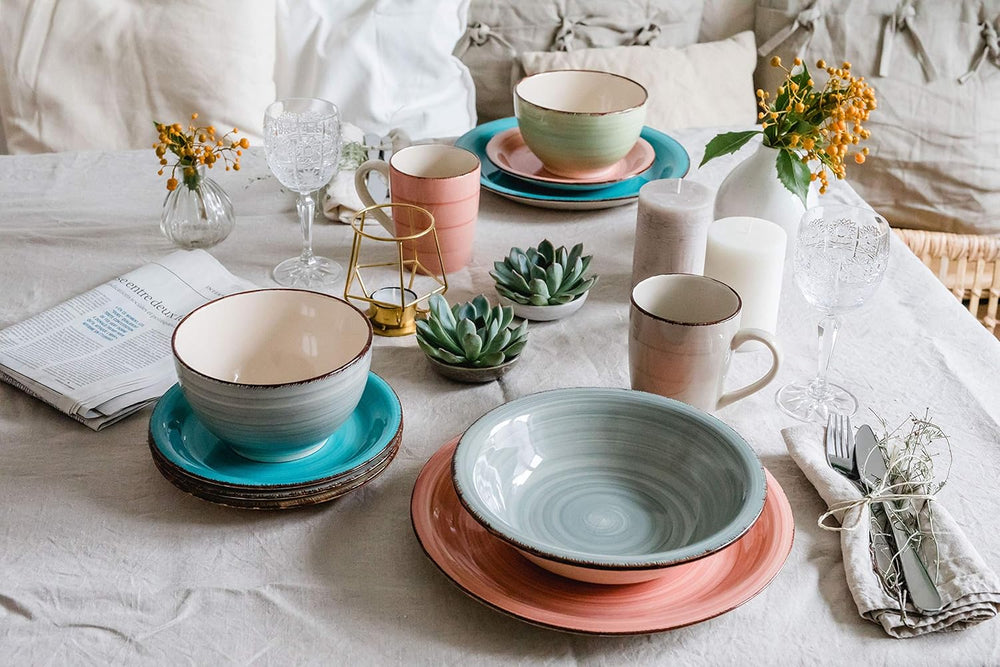 MÄSER 931490 Bel Tempo II Serviciu de mic dejun pentru 6 persoane în aspect vintage, ceramică pictată manual, set de veselă cu 18 piese, verde, gresie