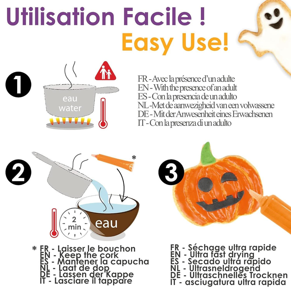 Scrapcooking – sada 4 halloweenských čokoládových per – černá, oranžová, fialová a bílá, pište a kreslete na dezerty, dorty a sušenky Naty Shop