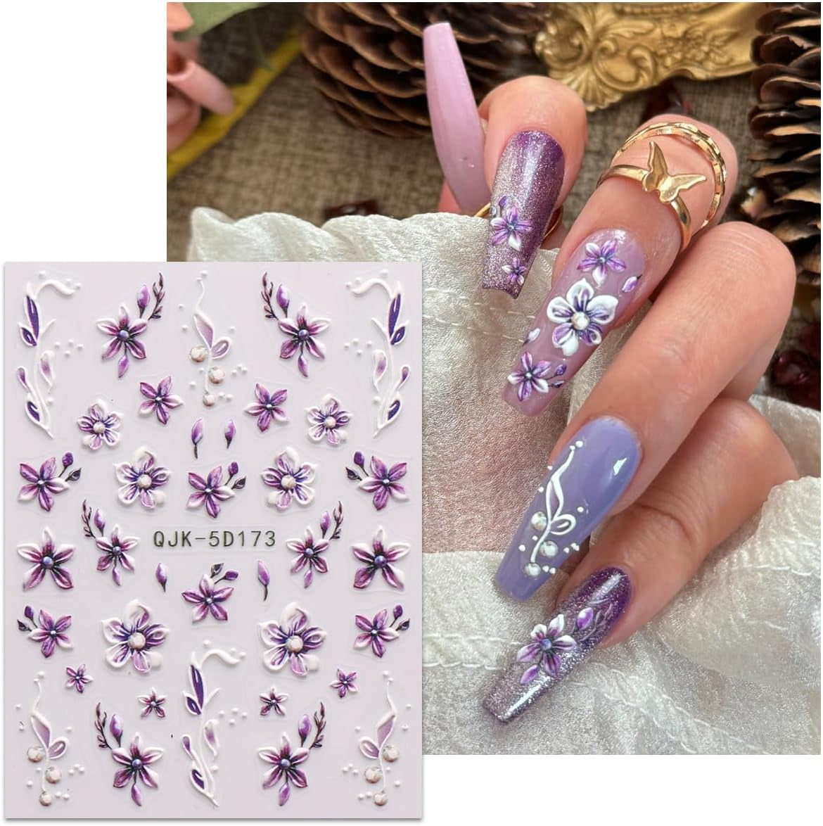 JMEOWIO 3D Nagelsticker Blumen Nail Art Sticker Selbstklebend Nagelaufkleber 5D Stereoskopisch Frühling Sommer Dekoration Nageldesign Zubehör 4 Blatt