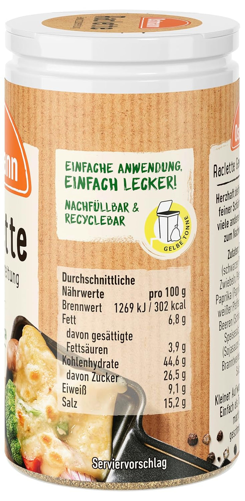 Ostmann Gewürze - Raclette Gewürzzubereitung | Zum Würzen von Käsegerichten | Recyclebare, nachfüllbare Streudose | 45 g ve Streueru