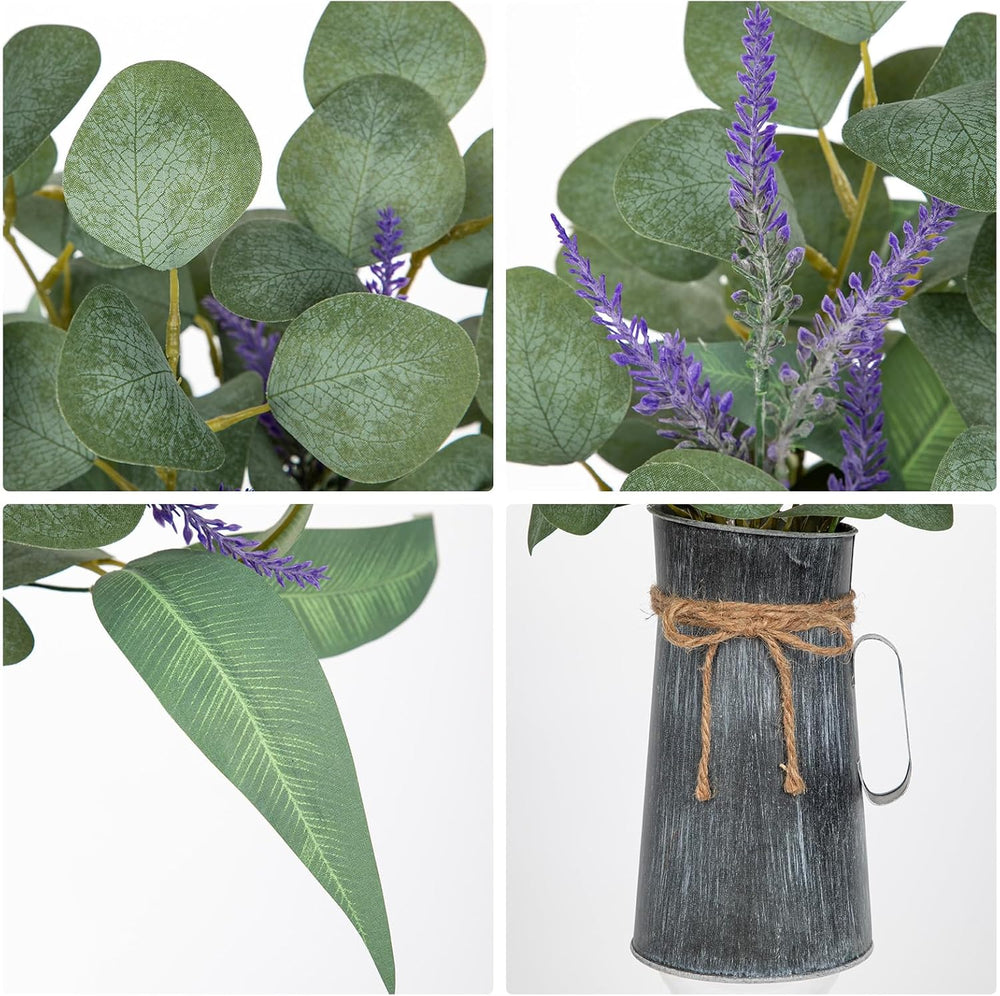 Hollyone Kunstpflanze Eukalyptus in Rustikalen Metall Vase, 45Cm Zimmerpflanzen Künstliche Eukalyptus Mit Lavendel Dekopflanzen Für Bauernhof Haus Hochzeit Tisch Centerpiece Deko
