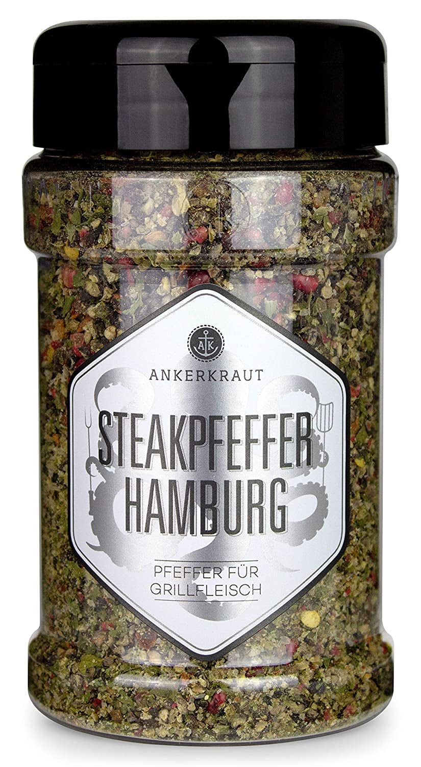 Ankerkraut Steakpfeffer Hamburg, Pfefferkörner Hausmischung, Grober Steakhouse-Pfeffer, frische Note, Universal Allrounder, Lecker Kochen mit Qualität, 80 g v Korkenglas