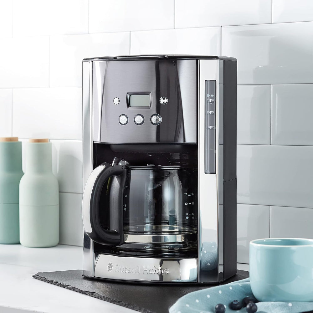 Cafetieră Russell Hobbs Luna Grey [Temporizator digital, Cap de duș pentru extracție și aromă optime] (1 până la 12 cești, Carafă din sticlă de 1,5 l, Placă de încălzire, 1000 W) Cafetieră cu filtru 23241-56