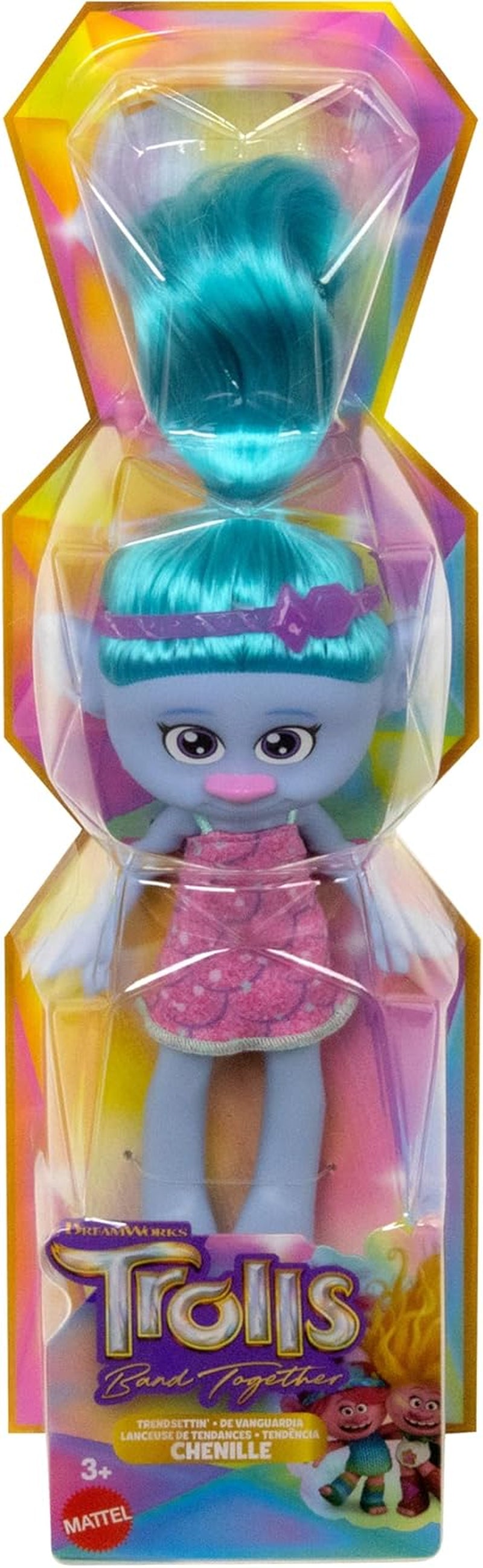 Mattel DREAMWORKS TROLS Gemeinsam Stark – Haarige Überraschungen Žinylková loutka s leuchtend blauem Haar zum Stylen, lila Stirnband, für Kinder ab 3 Jahren, HNF15