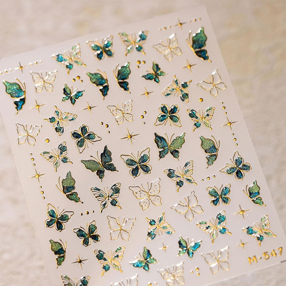 JMEOWIO 3D Nagelsticker Grün Gold Schmetterling Nail Art Sticker Selbstklebend Nagelaufkleber 5D Stereoskopisch Dekoration Nageldesign Zubehör 1 Blatt