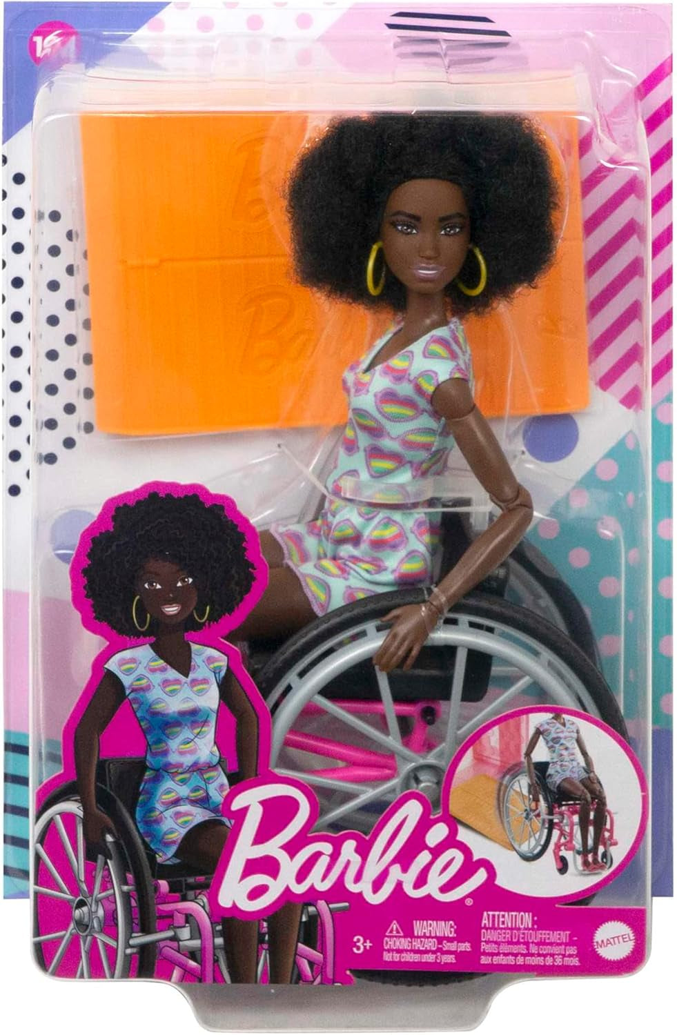Barbie Fashionistas, mit schwarzen Haaren, im Rollstuhl mit farbigem Overall, Rollstuhl mit Rampe, inkl. Puppe, Geschenk für Kinder, Spielzeug ab 3 Jahre,HJT14