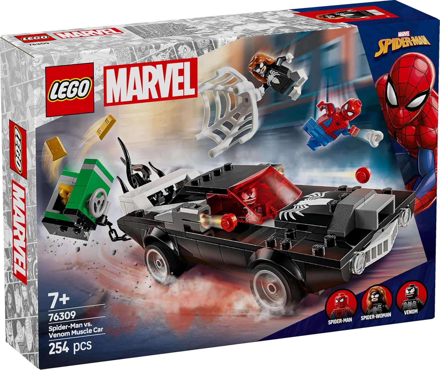LEGO Marvel Spider-Man Mech vs. Venom Muscle Car – Autíčko se 3 minifigurkami superhrdinů – Model auta se střílečkami – Dárek pro chlapce a dívky ve věku 7+ 76309 Stavebnice Besuche den LEGO-Store