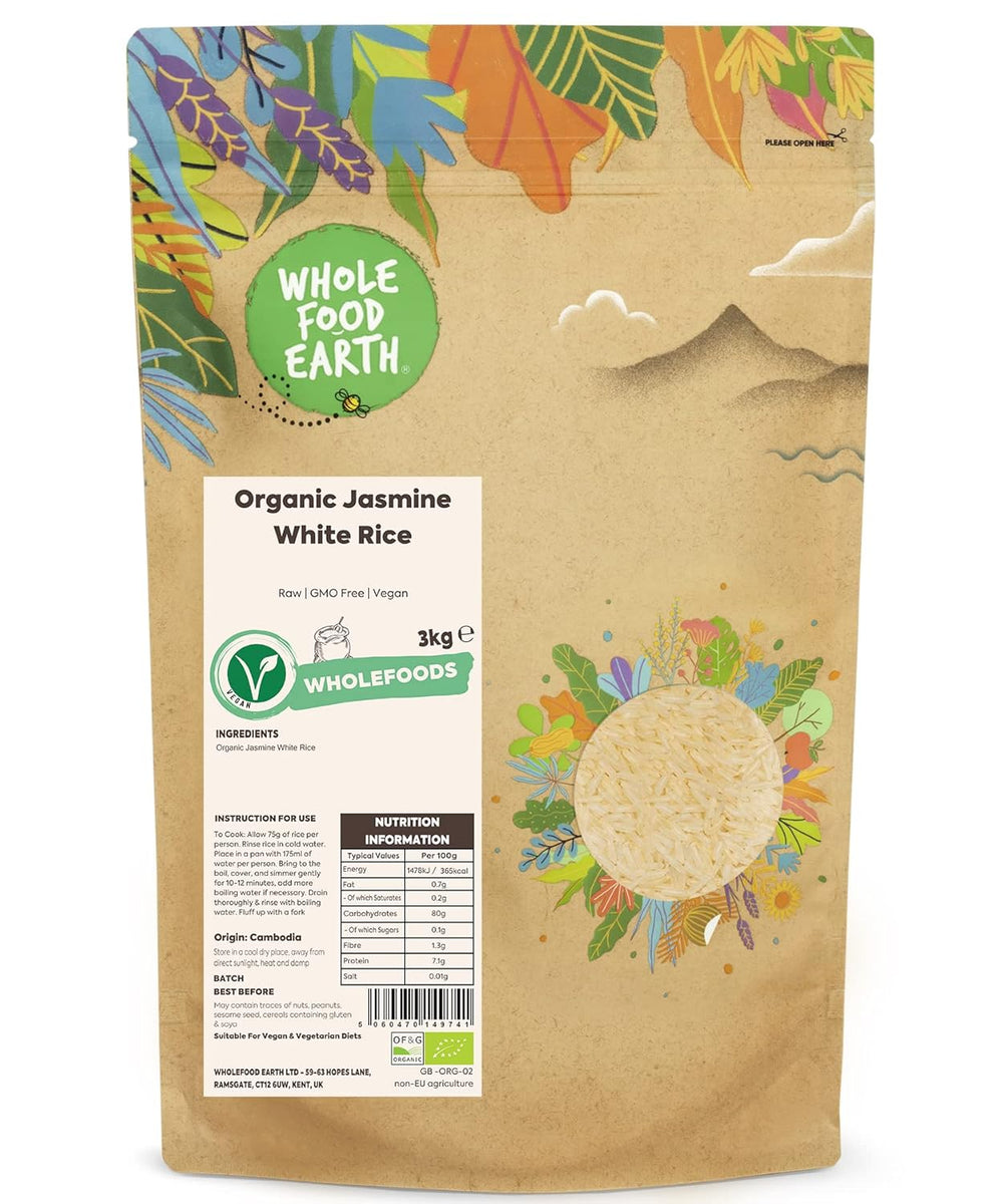 Bílá rýže s jasmínem Wholefood Earth Organic 3kg Raw | Bez GMO | Vegan | Zdroj vlákniny | Certifikované organické