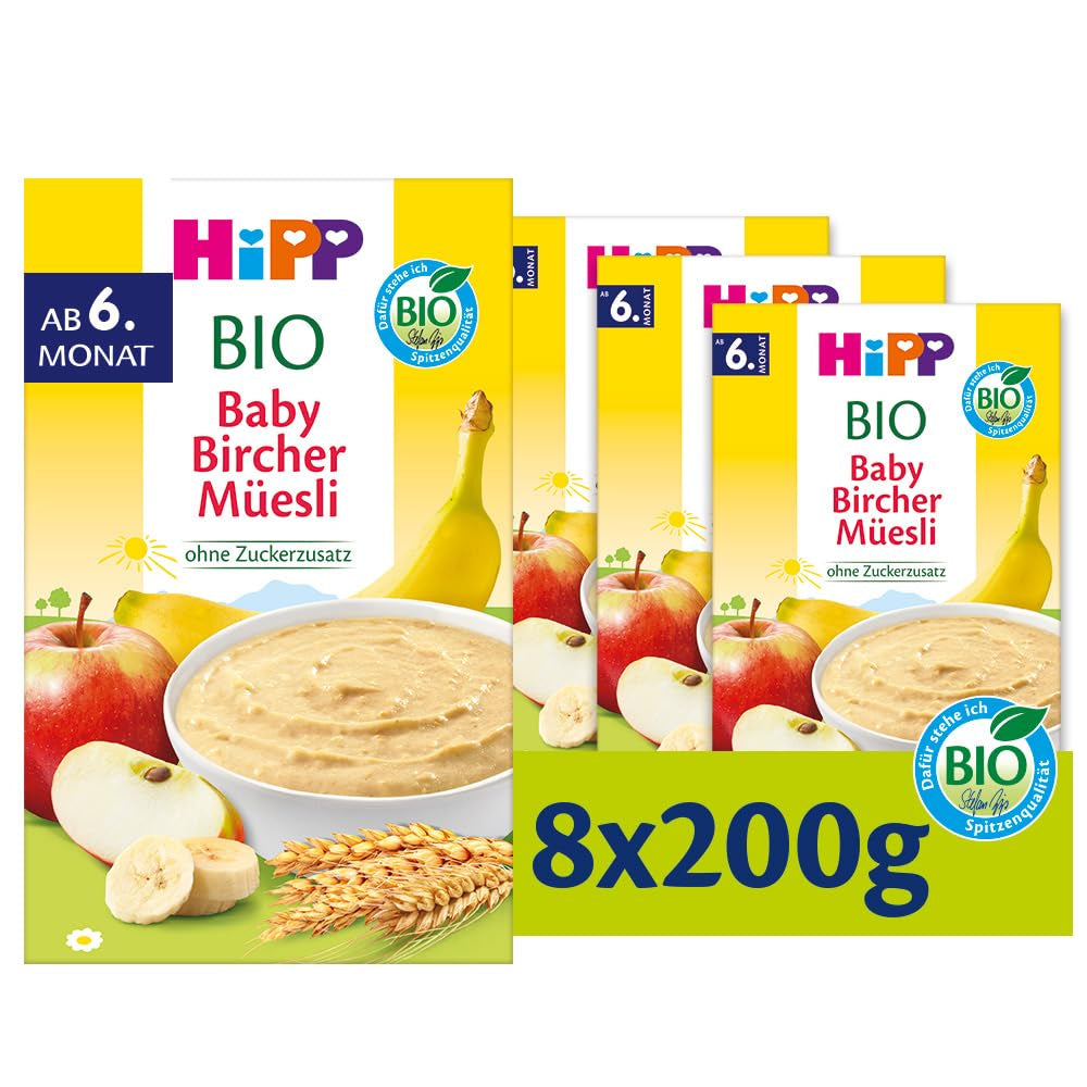 HiPP Bio Baby Bircher Müsli (8 x 250 g), od 6 měsíců, bez přidaného cukru, extra jemné cereální vločky - lehce stravitelná snídaně v nejlepší bio kvalitě