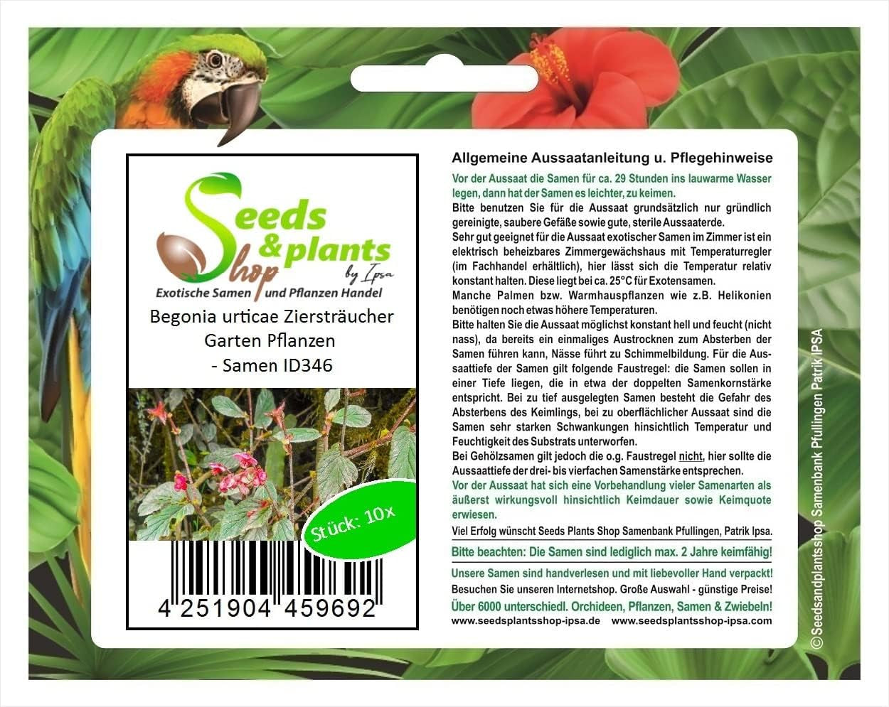 Stk - 10X Begonia Urticae Ziersträucher Garten Pflanzen - Samen ID346 -