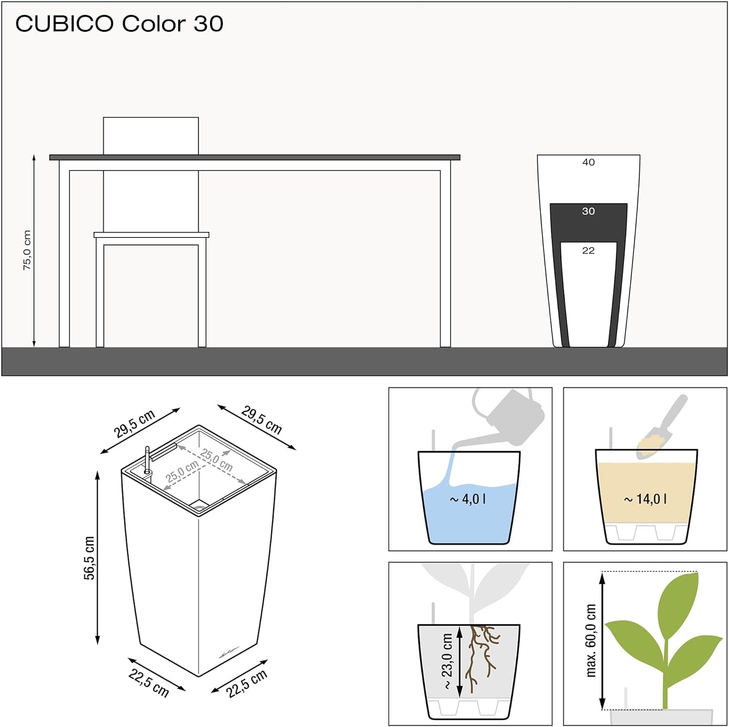 LECHUZA CUBICO Culoare 30 alb 13130, 29,5x29,5x56,5 cm