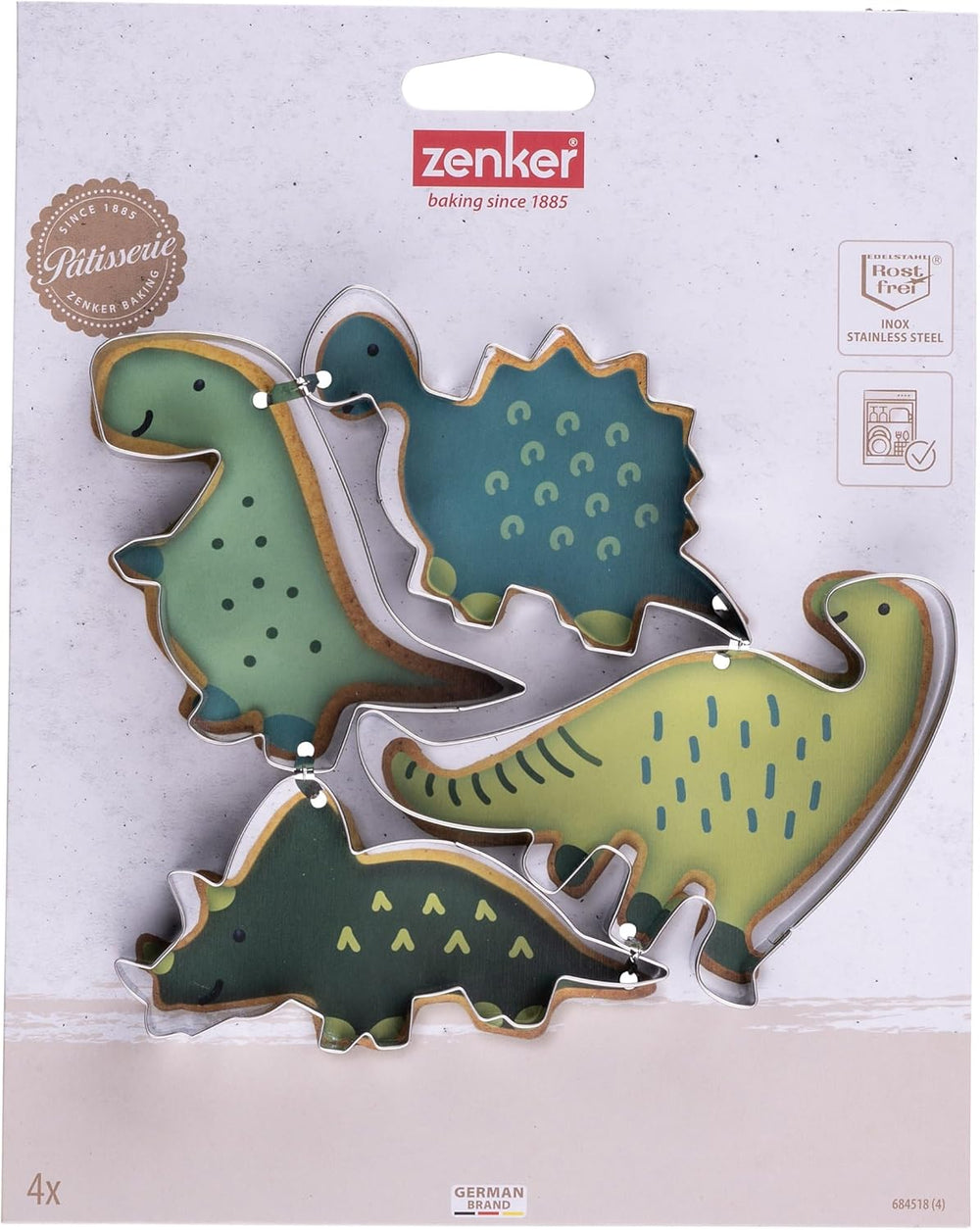 Set de forme de biscuiți Zenker cu dinozauri din oțel inoxidabil, 4 piese – Perfect pentru sesiuni creative de copt cu copiii, lavabil în mașina de spălat vase, design modern cu dinozauri, argintiu