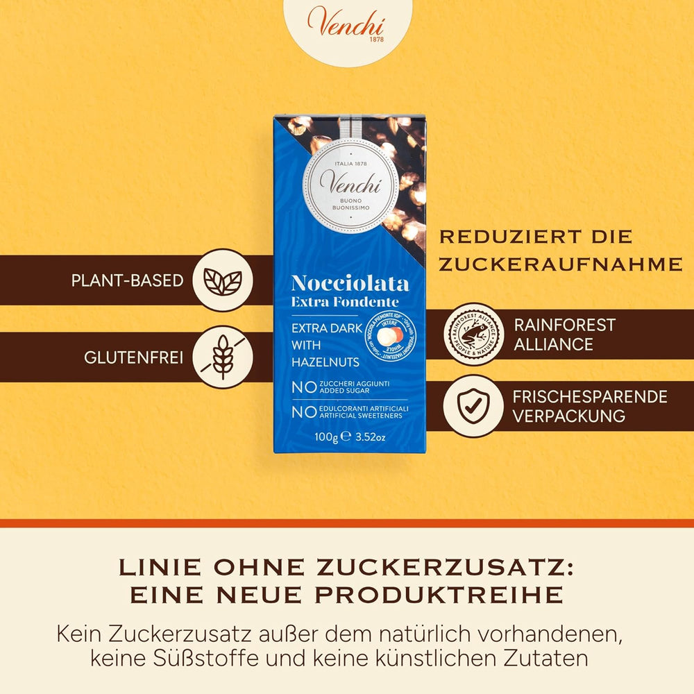 Venchi - Balení 6 kusů hořké čokolády s lískovými oříšky, 600 g - Bez přidaného cukru - Bez umělých sladidel - Bez lepku - Vegan - Tip na dárek
