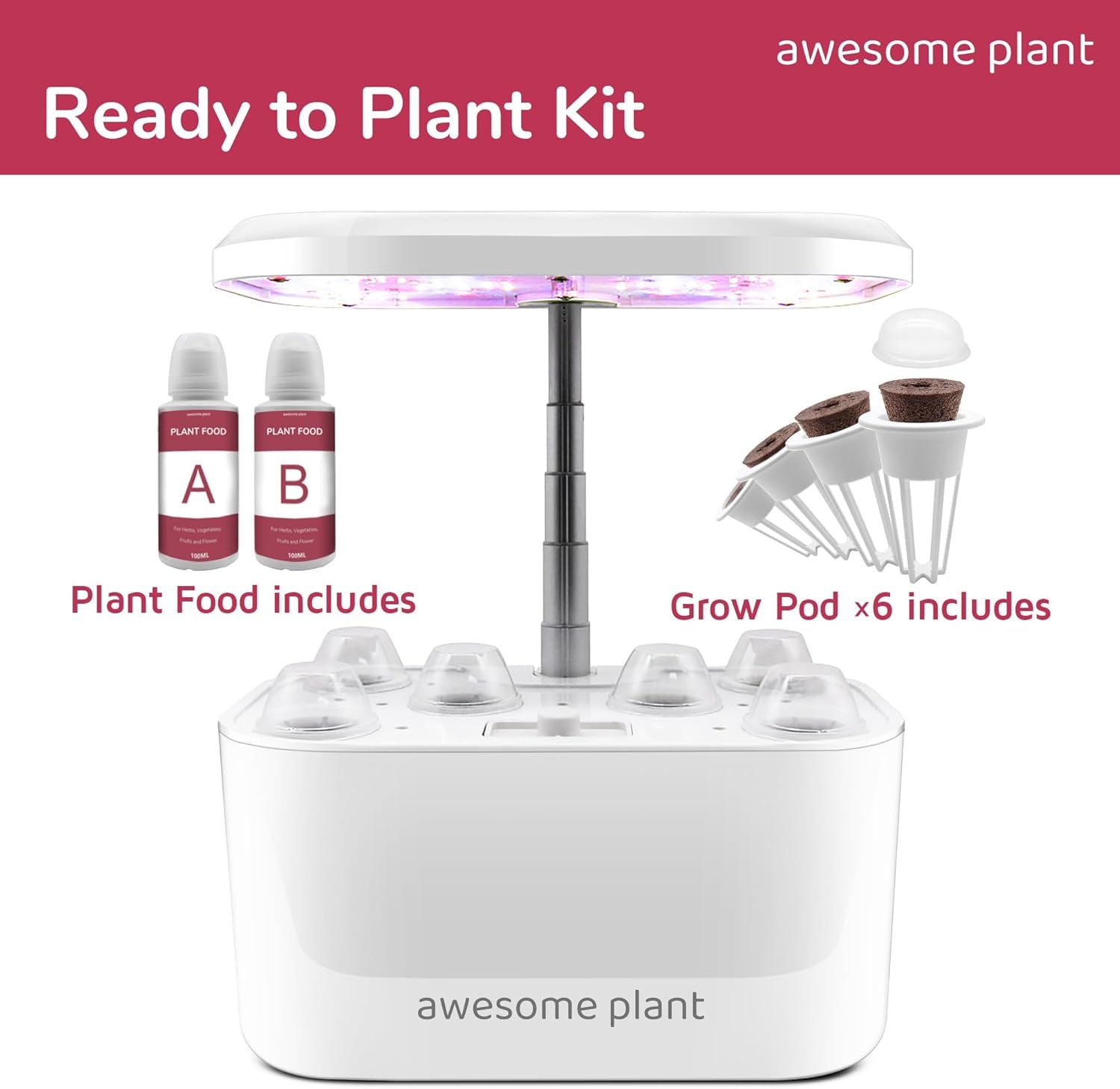 Sada 6Pro Hydroponic Grow System Kit (6 kapslí), sada pro vnitřní zahradnictví s 3l nádrží na vodu, 3 režimy pěstování a tichým čerpadlem, sada pro domácí pěstování bylinek a salátů, nastavitelná výška až 33,0 cm, bílá